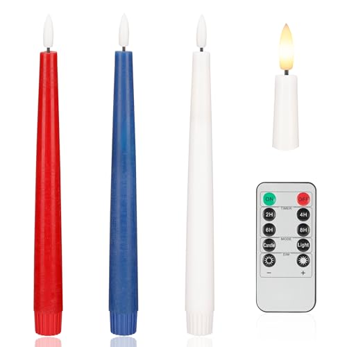 Image of Patriotic Flameless Taper Candles With 3D Wick - 9.6 inch Real Wax Red White and Blue With Remote and Timer - 4th of July LED Battery Operated Fake Candles, 3 Pack