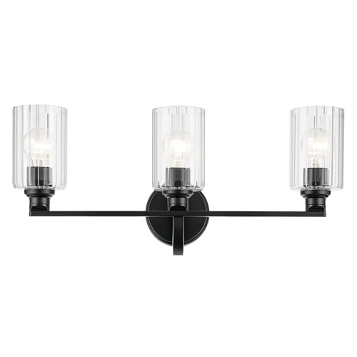 Image of Kichler Gioe 24.25 inch 3-Light Bathroom Vanity Light Fixture with Clear Fluted Glass in Black, Modern Wall Mount Over Mirror for Powder Room, Damp Rated (24.25 inch W x 10.5 inch H), 55226BKFLU