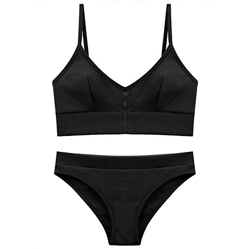 Women's Bras and Panty Set, Sexy Solid Ribbed V-Neck No Underwire Thin Cami Bras and Low Waist Underwear Outfits, Soft Breathable Two Piece Lingerie - Worn for Daily, Sport, Yoga