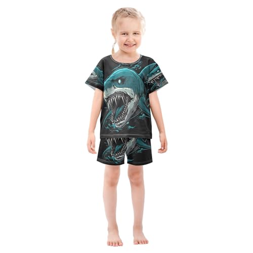ALAZA Dark Blue Shark Pajamas Set Short Sleeve Cotton Sleepwear Summer Pjs 2 Piece 5-14Y3