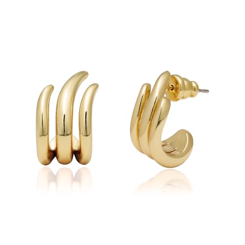 Obidos 14K Gold Plated Illusion Stud Earrings for Women | Triple Huggie Hoop Earrings for One Hole| Trendy Simple Hypoallergenic Fashion Accessories Gold Jewelry Gifts for Womens (Illusion Earrings-Yellow Gold)