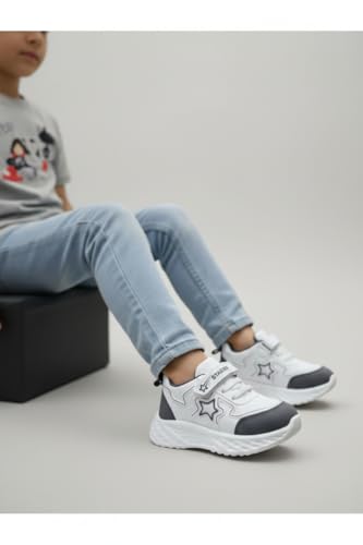 Image of High Fashion Kids Athletic Sneakers, White and Grey Sports Shoes, Breathable Synthetic Mesh, Hook and Loop Closure, Ages 4-8 Years, Summer Collection