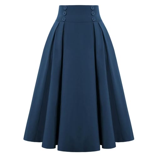 Falda Midi a Cuadros para Mujer Falda Plisada de Cintura Alta con Bolsillos Falda Acampanada Elegante con Cintura elástica Azul Marino XXL