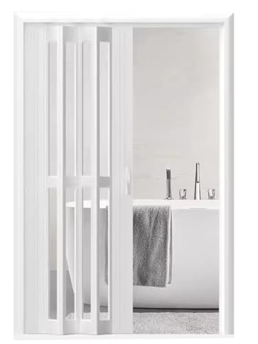 GLFNB Porte accordéon Blanche avec Verre dépoli, pour Salle de Bain, Douche, Cuisine, Garde-Manger, cloison Pliante avec Double poignée pour Chambre, Salon, terrasse (Dimensions : L x H 91 x 203 c