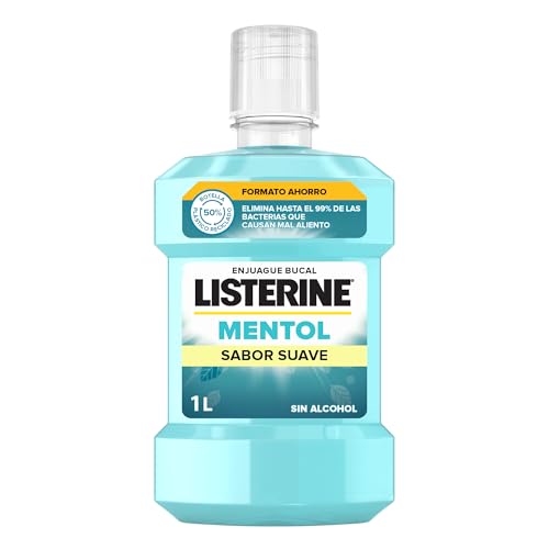Listerine Mentol Sabor Suave (1 x 1 L), enjuague bucal con flúor 0% alcohol, colutorio encías con 24 h de protección, enjuague bucal sin alcohol para un aliento fresco