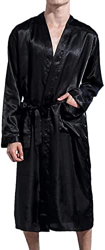 Lu's Chic Men's Silk Robe Lightweight Satin Kimono Summer SPA Lounge Long Sleeve Silky Bath Robe Soft Knee Length Bathrobe with Pocket Black X-Large