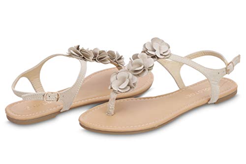 Women s T-Strap Flat Sandals with Flowers, Strappy Thong Flip Flops for Women Ivory 8