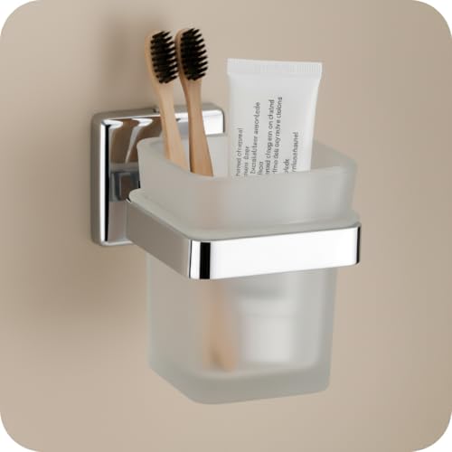 Image of 304 Stainless Steel Frosted Glass Tumbler Holder | Wall Mounted Toothbrush Holder with Frosted Glass Cup | Rust Proof Bathroom Toothbrush Stand | Chrome Finish Bathroom Accessories (Square-27N)