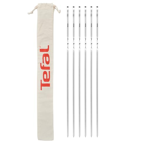 Tefal 6 Brochettes en Acier Inoxydable XL – Design Plat Antirotation, Grande Longueur, Lavables au Lave-Vaisselle, Pochette de Rangement en Coton – Accessoire Officiel Tefal K185S734