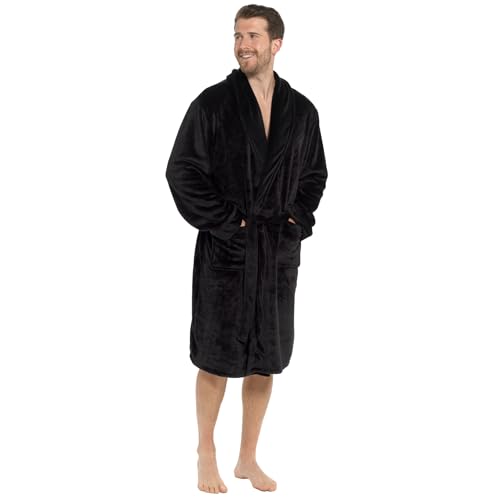 Strong Souls Mens Luxury Fleece Dressing Gown With Satin Trim Collar Dinner Jacket Evening Bath Robe Housecoat Gift for Men Black XL