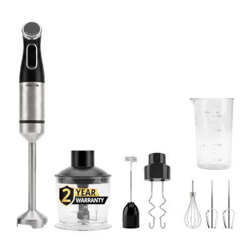Image of iBELL AEROMIX500PRO 6-in-1 Hand Blender, 1200W, Adjustable Speed Control, Turbo Function, Stainless Steel Immersion Blender with Chopper, Whisk, Dough Hooks, Milk Frother & 700ml Beaker (Black)