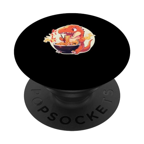 Kawaii Tyrannosaurs Rex Eating Ramen Japanese Yummy Anime PopSockets Swappable PopGrip, Black