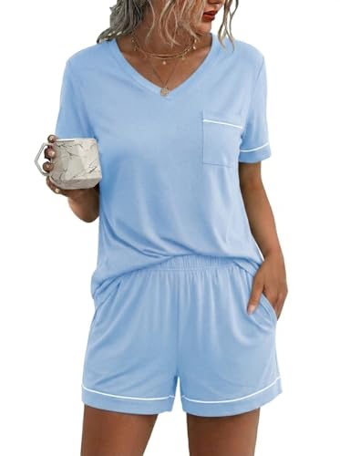 Image of Ekouaer Pajamas for Women Set Short Sleeve Loungewear Soft Pjs Shorts Set | V Neck Sleepwear with Pocket,Comfy Lounge Sets,Comfortable Fit,lightweight,Maternity,Gift,Sleeping & Bedtime,Lounging at Home