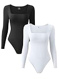 OQQ Women's 2 Piece Sexy Ribbed One Square Neck Long Sleeve BodySuit, Black White, Medium