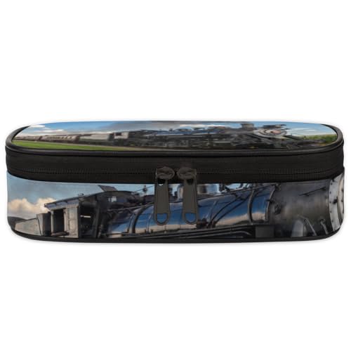 Image of Pardick Retro Train Big Capacity Pencil Case Pencil Pouch with Zipper, Pen Marker Stationery Bag Art Supply Storage Organizer Box Portable Stationery Storage Bag Pen Holder for Boys Girls
