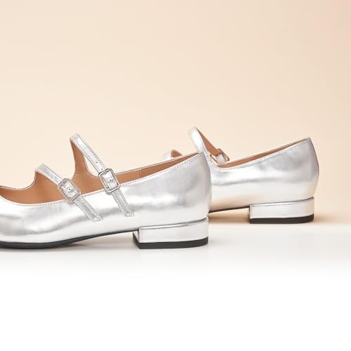 C.Paravano Designer-Inspired Mary Janes | Block Heel Flats w/Memory Foam for Office Attire & Vineyard Visits | Square Toe Comfort | Pair w/Tailored Shorts or Summer Sheaths(Silver,6)3