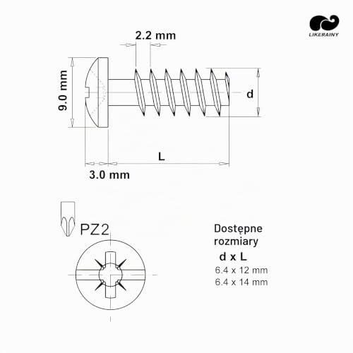 LIKERAINY Eurośruby Stalowe 6,4 x 14 mm Łączniki Meblowe z Gwintem Specjalna Śruba Mocująca do Szafek Zawiasy Wkręt Maszynowy z Łbem Walcowym 200 sztuk