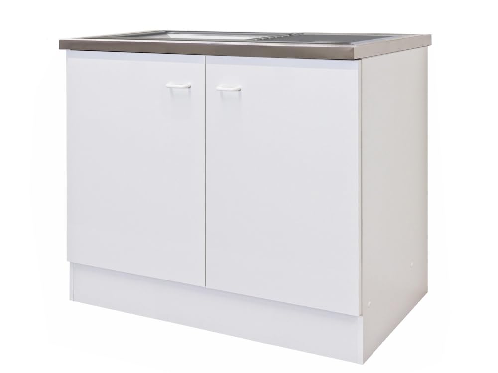 Spülenunterschrank 100 cm Weiß mit Edelstahlspüle – Küchenunterschrank mit Spülbecken, 2 Türen | Rapido