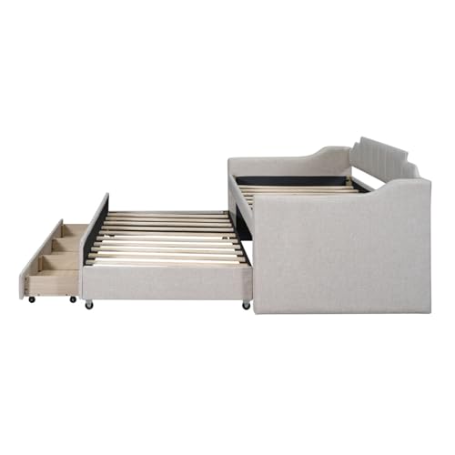 Tiiiopkvvv Gepolstertes Tagesbett für Doppelbett, mit Ausziehbett und 3 Schubladen, moderner Stil, Doppelgröße, multifunktional, einfache Montage, rutschfest – Bild 7