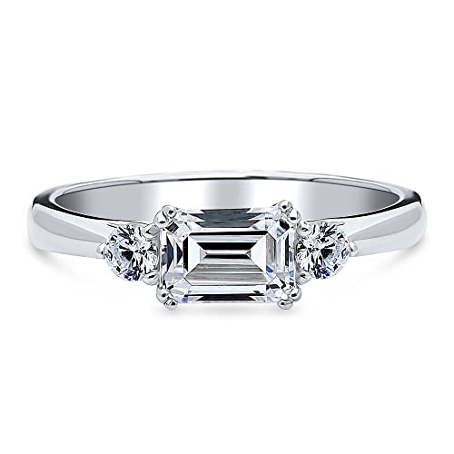 BERRICLE Sterling Silver 3-Stone Wedding Engagement Rings 1 Carat Emerald Cut Cubic Zirconia CZ East-West Promise Ring for Women, Rhodium Plated Size 4-102