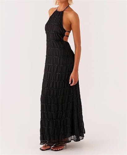 Image of Women Halter Ruched Maxi Dress Backless Sleeveless Long Dress Bodycon See Througn Pleated Sundress Beachwear