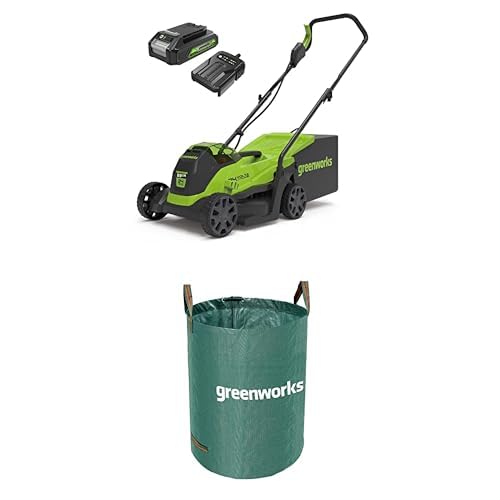 Greenworks Cortacésped de batería, Ancho Corte hasta 280m²,Incluye batería de 2Ah y Cargador GD24LM33K2 + Greenworks Bolsa de residuos de jardín 120l