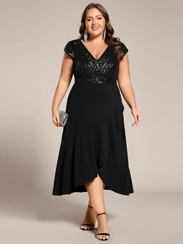 Ever-Pretty Plus Women's Summer V Neck A Line Sequin Cap Sleeves Tea Length Plus Size Formal Wedding Guest Dresses4
