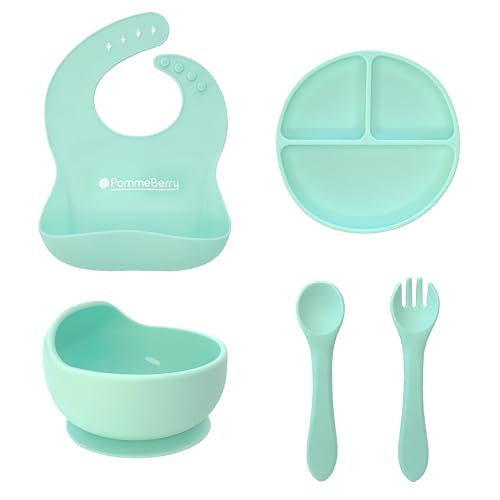 Image of PommeBerry Baby Feeding Set - 5 pcs - Silicone Bib, Feeding Bowl and Plate with Suction, Spoon and Fork, Suitable for Toddlers and Kids, 100% BPA Free, Non Toxic Silicone, Microwave & Dishwasher Safe