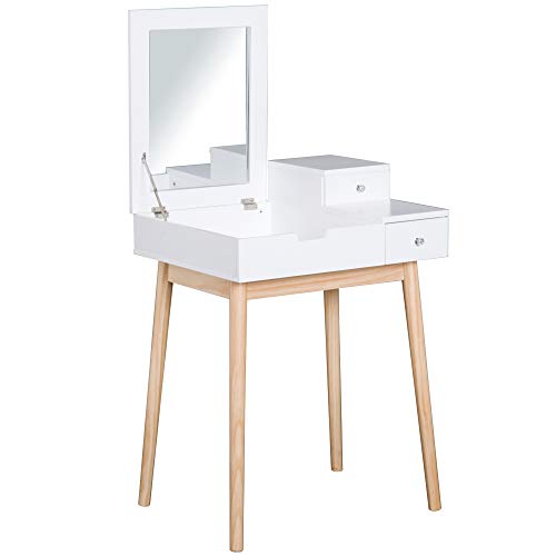 HOMCOM Coiffeuse Design scandinave Table de Maquillage Multi-rangements Miroir Pliable 60L x 50l x 86H cm pin et MDF Blanc