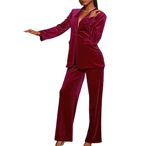 Femme Tailleur Blazer 2 Pièces en Velours Costume Ensemble Formel À Un Bouton Élégante Uni Col en V Profond Manteau Et Pantalon,Rouge,S Cover