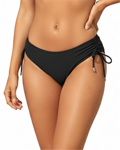 Womens Low Rise Bikini Bottoms - Side Tie Bathing Suit Swim Bottom Ruched Swimsuits Swimwear