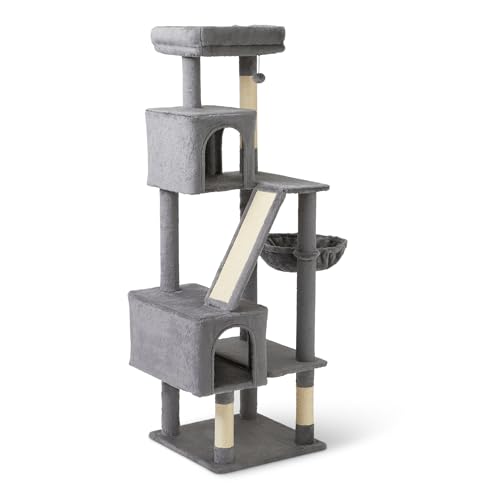 Amazon Basics Kletterturm für Katzen und Kätzchen, mehrstufig, mit Kratzbäumen, FSC-Zertifiziert, 153cm (H), Grau
