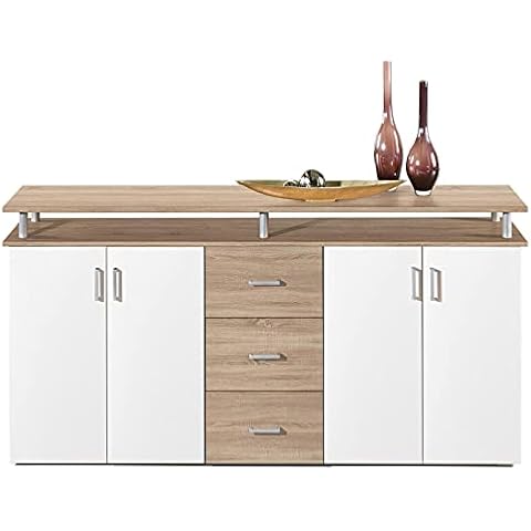 möbelando Highboard Kommode Standschrank Sideboard Anrichte Beistellschrank Lyndy I Sonoma-Eiche/Weiß Cover