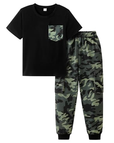 Kxuryueo Boys Camo Outfit Short Sleeve Top and Casual Cargo Pants with Pocket Size 11 12