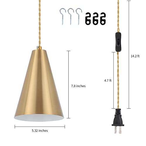 Gold Plug In Pendant Light,Hanging Lights With Plug In Cord On/Off Switch, Mini Brass Pendant Lights For Kitchen Island,Modern Pendant Light Fixture With Metal Shade,Hanging Lamps For Bedroom #TOP3