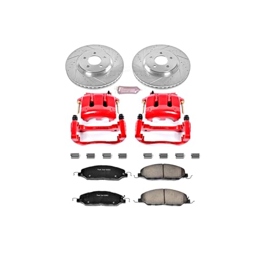 Image of PowerStop Front Brake & Caliper Kit for Ford Mustang 2011-14 - Carbon-Fiber Ceramic Brake Pads + Drilled & Slotted Rotors + Red Powder Coated Calipers, KC5407