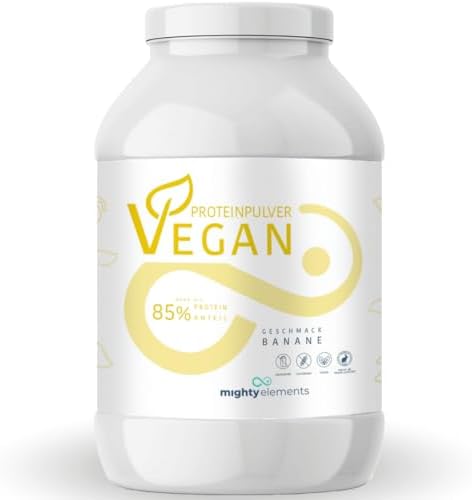Mighty Elements Veganes Protein Banane 1kg Pulver, 85% pflanzl. Eiweiß | 5 Pflanzenproteine (Soja, Reis, Erbse, Sonnenblume, Mandel), 80,5g Eiweiß/100g, 33 Portionen, vegan, gluten