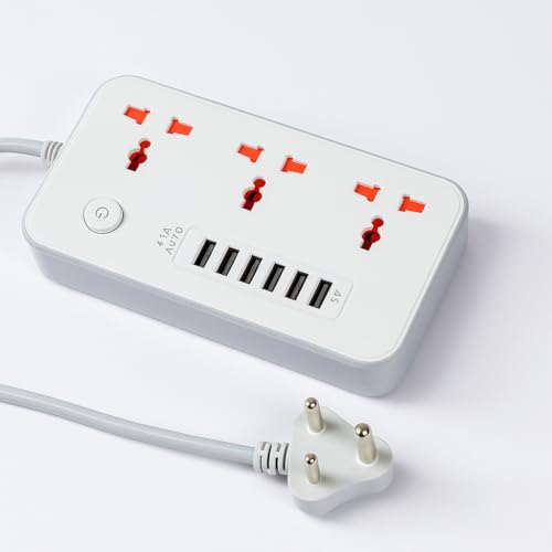 Image of Extension Board, Power Strip with 6 USB Ports and 3 Universal Socket, 2500W 10A Extension Cord, 3-Pin Surge Protector Power Strip for Home, Office, Computer, Mobile Charging (White-Z64)