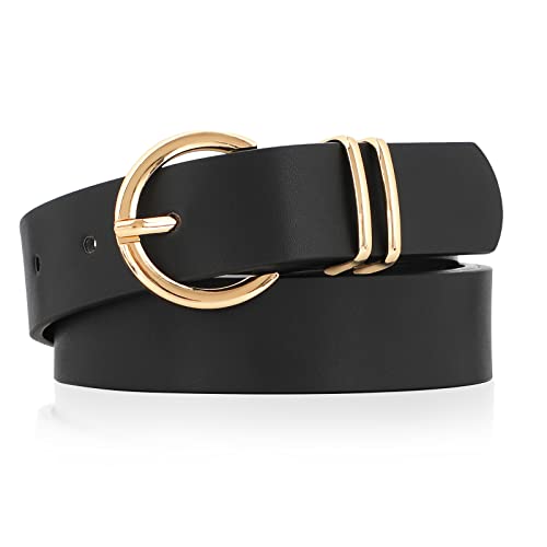 Women’s Leather Belts for Jeans Pants Fashion Gold Buckle Ladies Waist Belt, Black, Fit Waist Size 25-31 inches