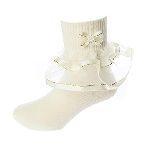 DressForLess Multi Color Girls Socks with Color Ruffled Organza Lace and Ribbon, Ivory Gold, Little Girls 5 - 6 Cover