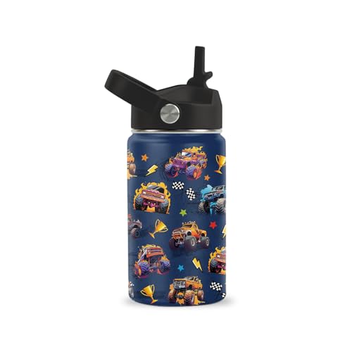 ROVOZAR Monster Truck Water Bottle 12oz - Monster Truck Stainless Steel Water Bottle with Straw - Funny Trucks Insulated Cup for Boys - Trucks Kids Tumbler for School, Sports, Travel