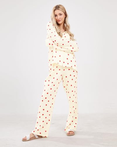 Womens Pajama Sets Cotton Pj Set Cute Heart Print Long Sleeve Button Down Shirt With Long Pants2