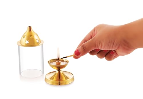 Image of Copper Brass AKHAND Diya with Glass Cover, Deepam Jyot Diya Oil Lamp- Golden Brass Diya for Festivals (Medium)