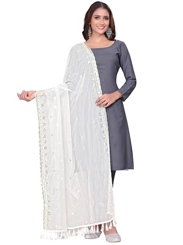 Image of KEMZA Organza Embroidered Dupatta with Mirror & Sequence Work, Tassel Lace Border, Floral Butti Design