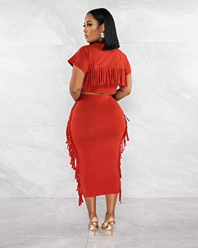Image of YUEWOO 2 Piece Outfits for Women Sexy Crop Top Ruched Bodycon Maxi Dresses Fringe Skirt Sets Night Club Jumpsuits