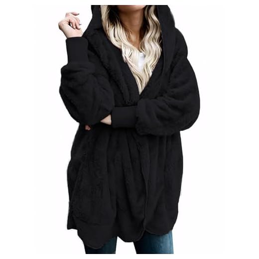 Zilcremo Women Hooded Cardigan Fuzzy Jacket Winter Open Front Fleece Coat Outwear with Pockets Black S