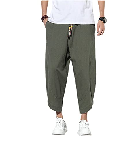 Men Harem Pants Cotton Linen Printed Loose Elastic Waist Streetwear Trousers