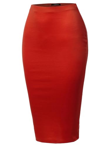 SSOULM Women's Work Office Stretchy Fitted Midi Pencil Skirt with RED Slit and Plus SizeRED XL2