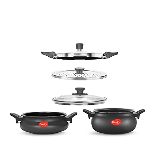 Pigeon by Stovekraft All in One Value Pack Hard Anodized Cooker Set, 5-Pieces, Black