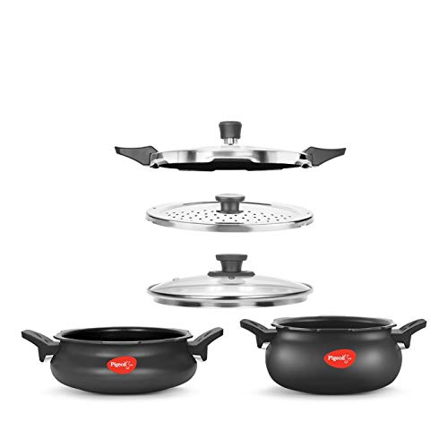 Pigeon All in One Value Pack Hard Anodized Super Cooker with Induction Base Outer Lid, 5 Litre and 3 Litre, 3 Lids (Pressure Lid, Strainer Lid and Ser